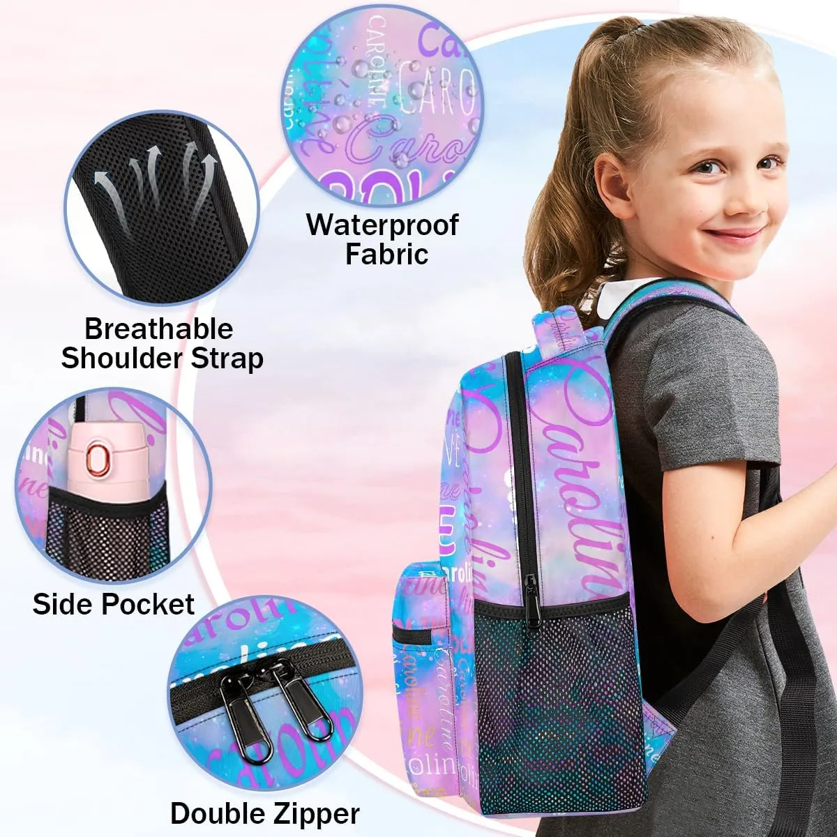 Personalized Backpack Bag with Name Lightweight Custom Shoulder Bags Waterproof Casual Backpacks Laptop Bag for Travel Work Picnic 16in, Blue Pink Glitter