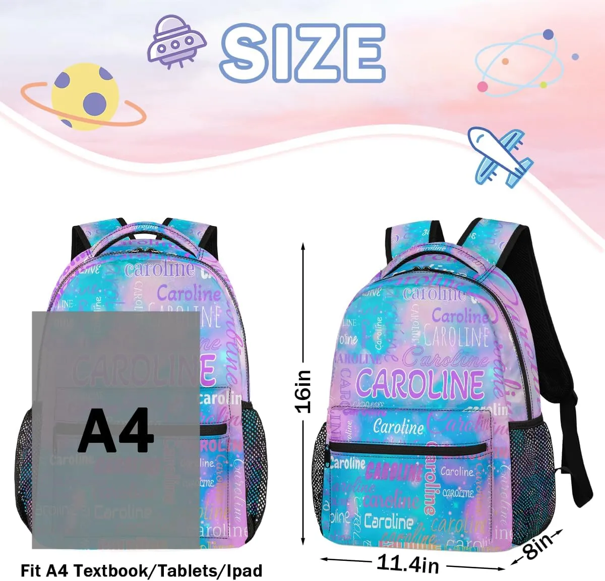 Personalized Backpack Bag with Name Lightweight Custom Shoulder Bags Waterproof Casual Backpacks Laptop Bag for Travel Work Picnic 16in, Blue Pink Glitter