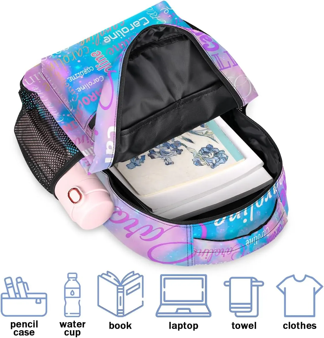 Personalized Backpack Bag with Name Lightweight Custom Shoulder Bags Waterproof Casual Backpacks Laptop Bag for Travel Work Picnic 16in, Blue Pink Glitter