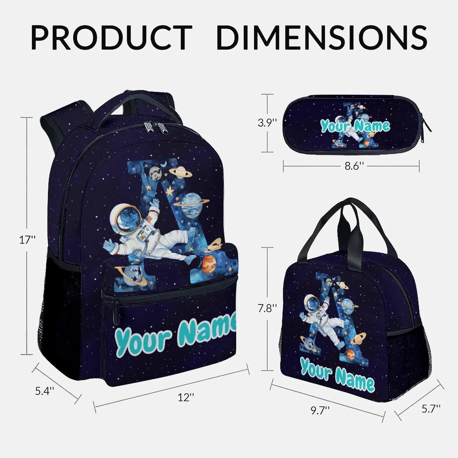 Personalized Backpack for Boys, Planet Backpacks for Kids, Custom Initial Name Bookbag for School, Cute Customized Monogram Backpack with Lunch Box and Pencil Case