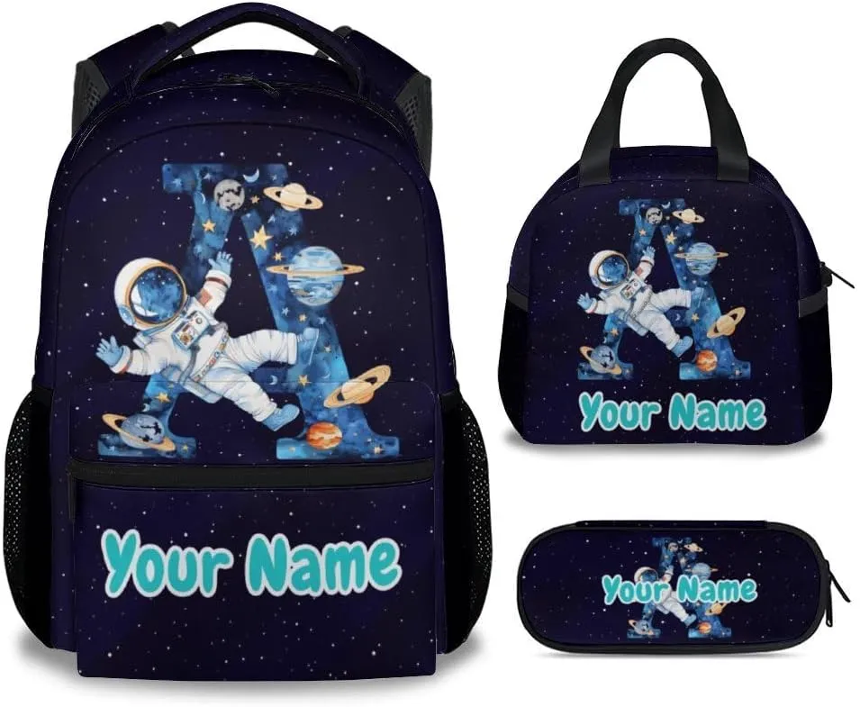 Personalized Backpack for Boys, Planet Backpacks for Kids, Custom Initial Name Bookbag for School, Cute Customized Monogram Backpack with Lunch Box and Pencil Case