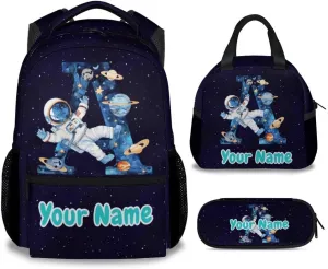 Personalized Backpack for Boys, Planet Backpacks for Kids, Custom Initial Name Bookbag for School, Cute Customized Monogram Backpack with Lunch Box and Pencil Case