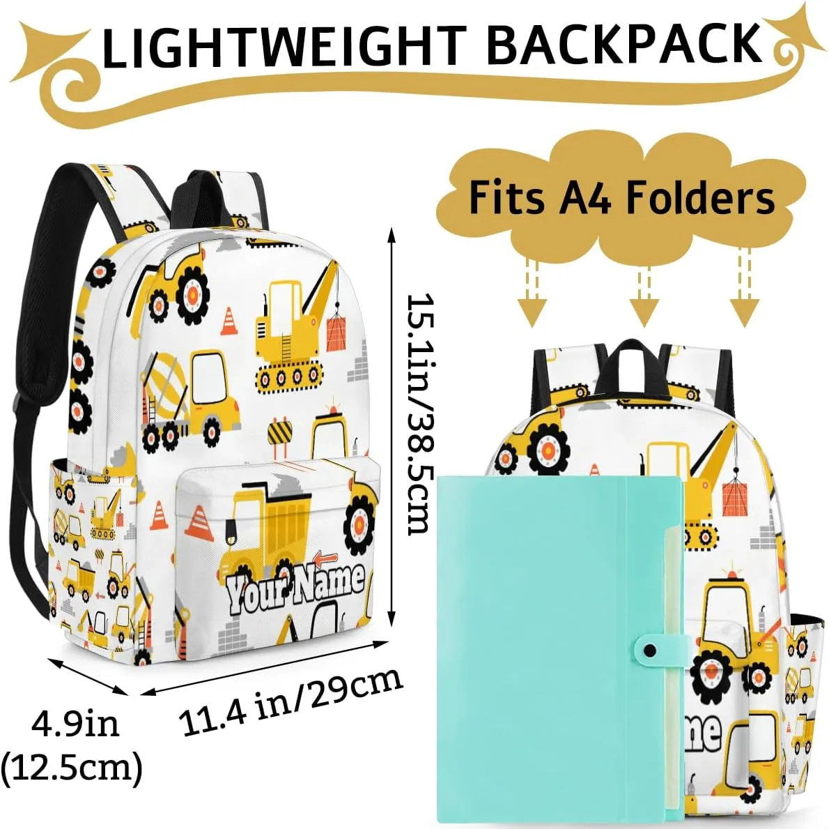 Personalized Cartoon Car Preschool Toddler Backpack for Boys Girls Custom Kids Name Small Bookbags Kindergarten Elementary Backpack, Construction Truck