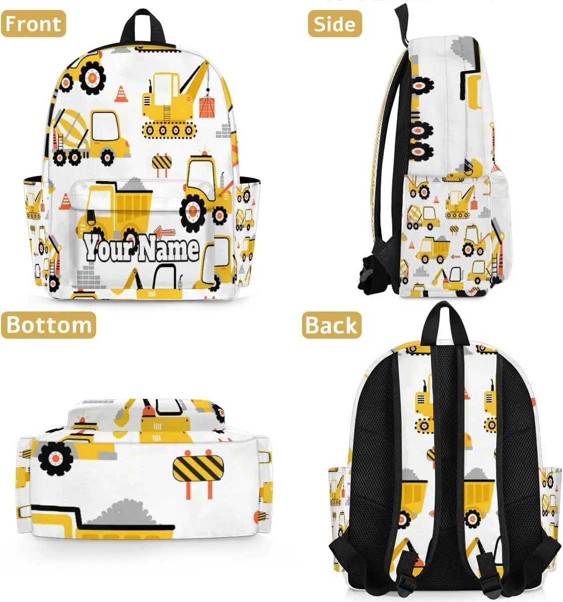 Personalized Cartoon Car Preschool Toddler Backpack for Boys Girls Custom Kids Name Small Bookbags Kindergarten Elementary Backpack, Construction Truck