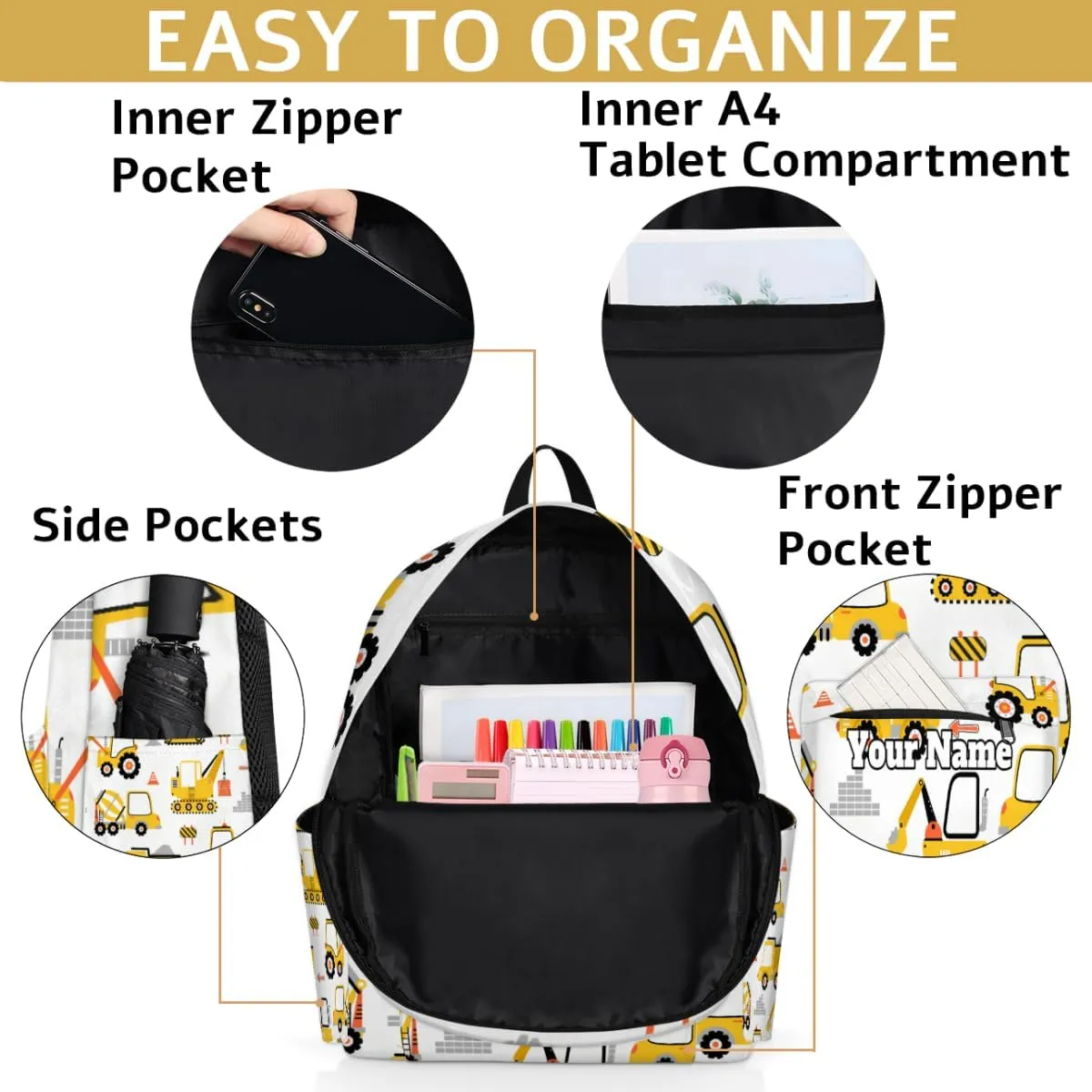 Personalized Cartoon Car Preschool Toddler Backpack for Boys Girls Custom Kids Name Small Bookbags Kindergarten Elementary Backpack, Construction Truck