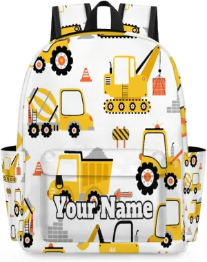 Personalized Cartoon Car Preschool Toddler Backpack for Boys Girls Custom Kids Name Small Bookbags Kindergarten Elementary Backpack, Construction Truck