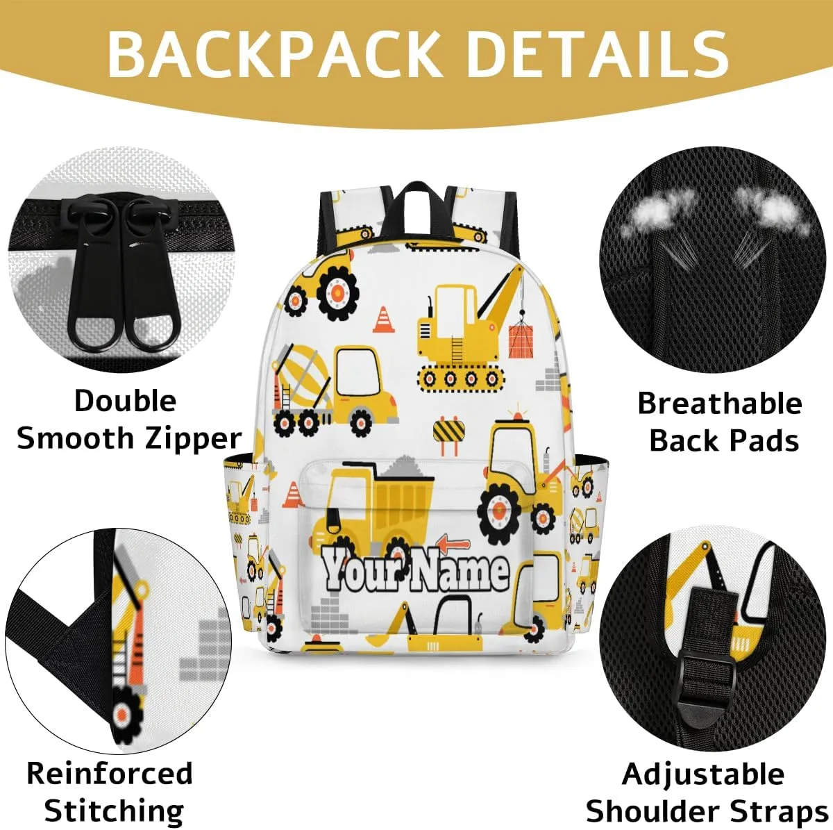 Personalized Cartoon Car Preschool Toddler Backpack for Boys Girls Custom Kids Name Small Bookbags Kindergarten Elementary Backpack, Construction Truck
