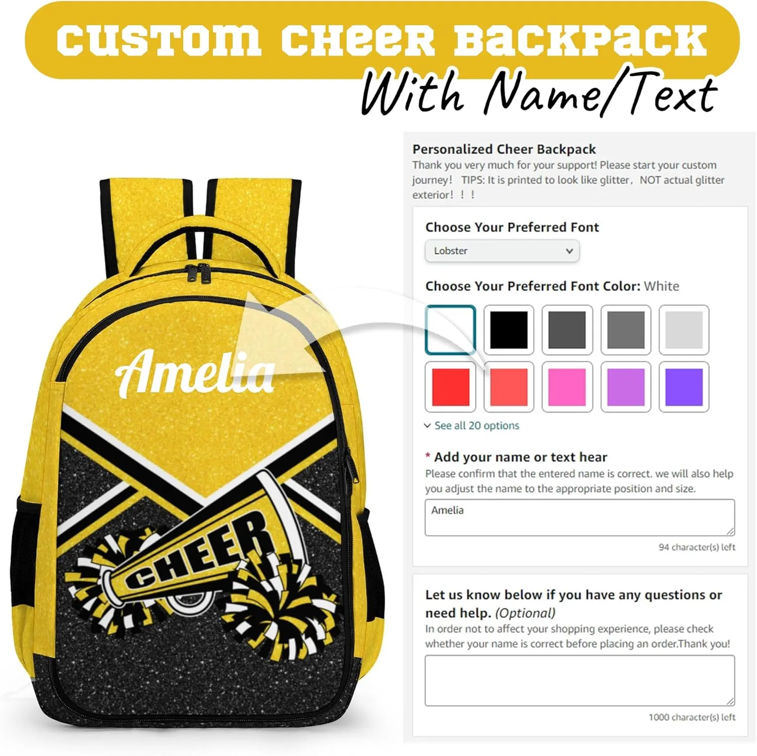 Personalized Cheer Backpack with Name, Custom Cheerleader Backpack, Customize Cheerleading Backpack for Women (Gold)