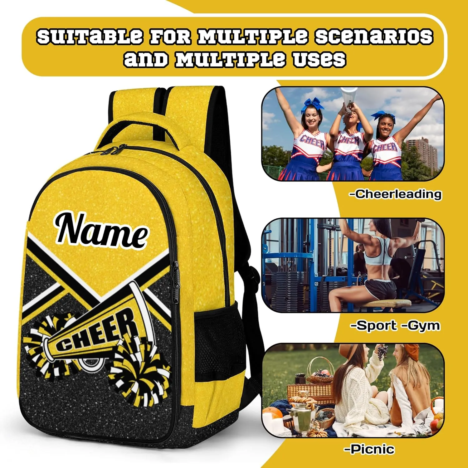 Personalized Cheer Backpack with Name, Custom Cheerleader Backpack, Customize Cheerleading Backpack for Women (Gold)