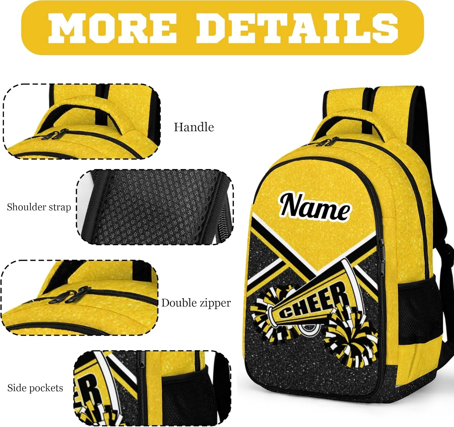 Personalized Cheer Backpack with Name, Custom Cheerleader Backpack, Customize Cheerleading Backpack for Women (Gold)