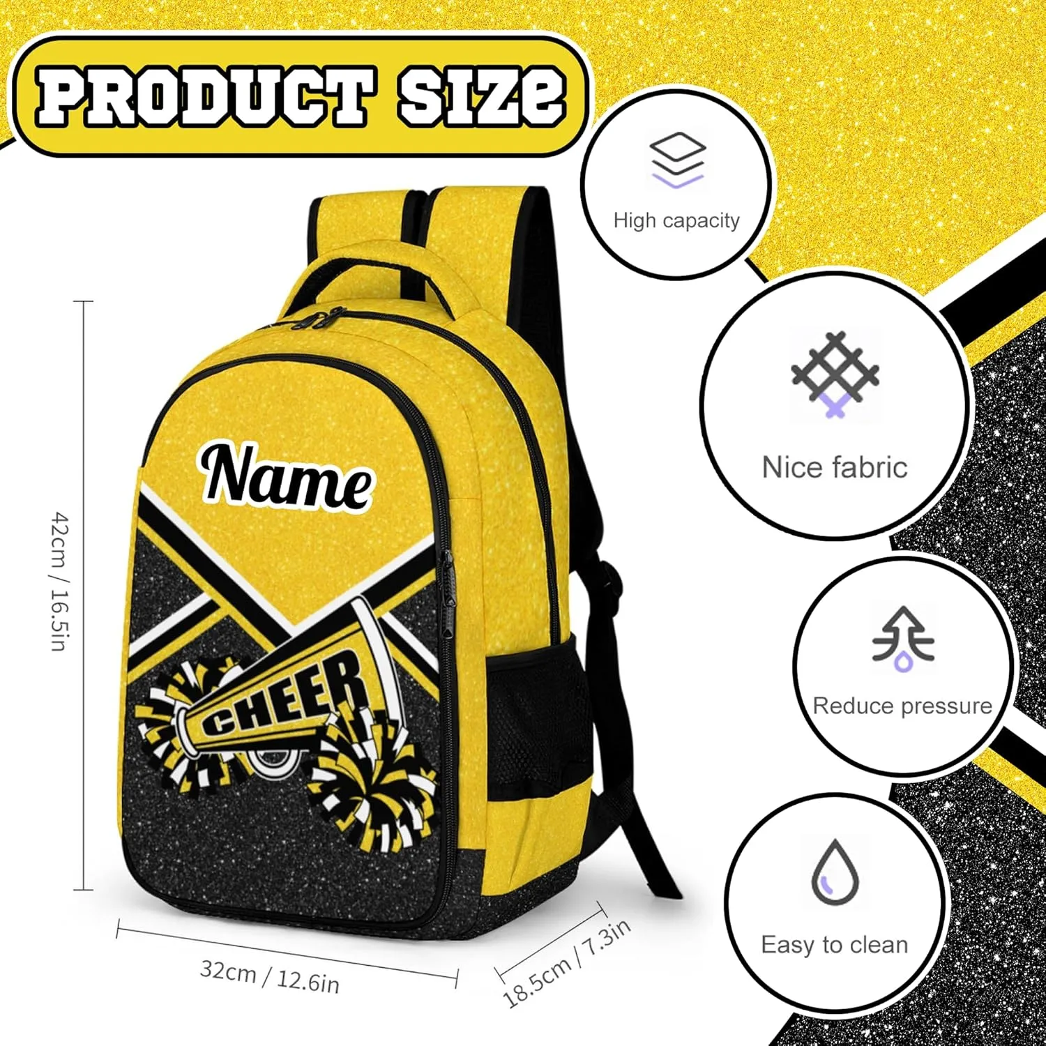 Personalized Cheer Backpack with Name, Custom Cheerleader Backpack, Customize Cheerleading Backpack for Women (Gold)