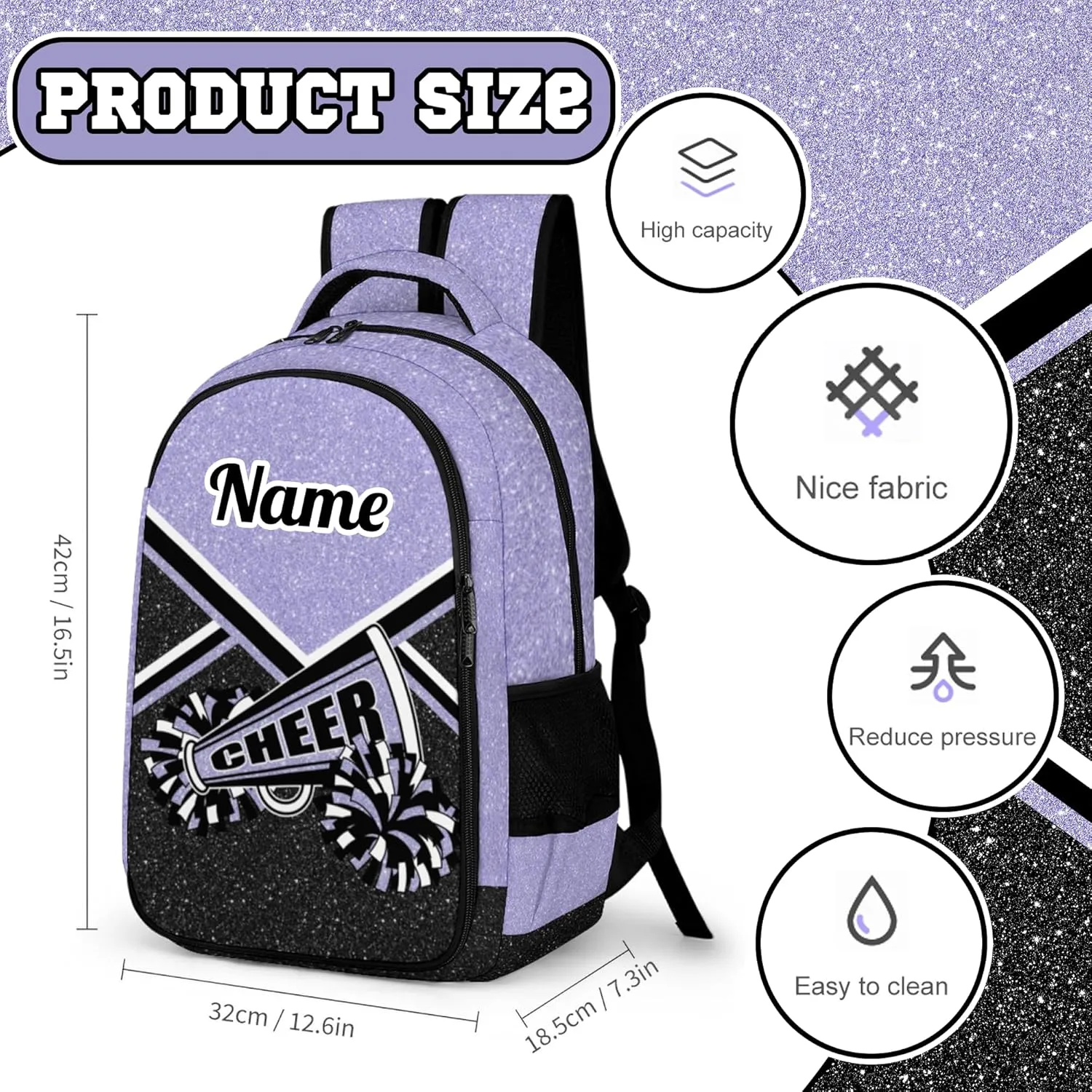 Personalized Cheer Backpack with Name, Custom Cheerleader Backpack, Customize Cheerleading Backpack for Women (Lilac)
