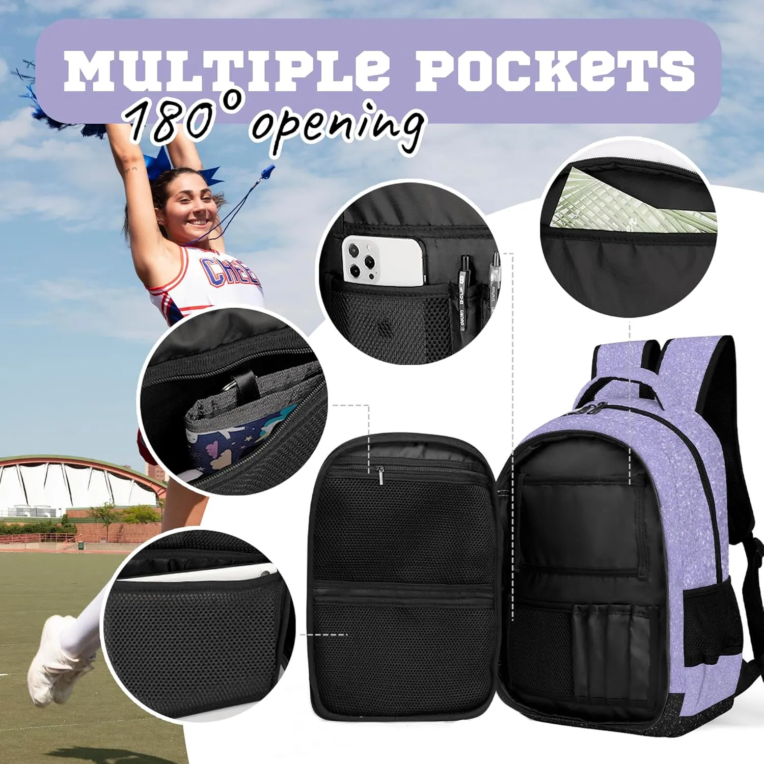 Personalized Cheer Backpack with Name, Custom Cheerleader Backpack, Customize Cheerleading Backpack for Women (Lilac)
