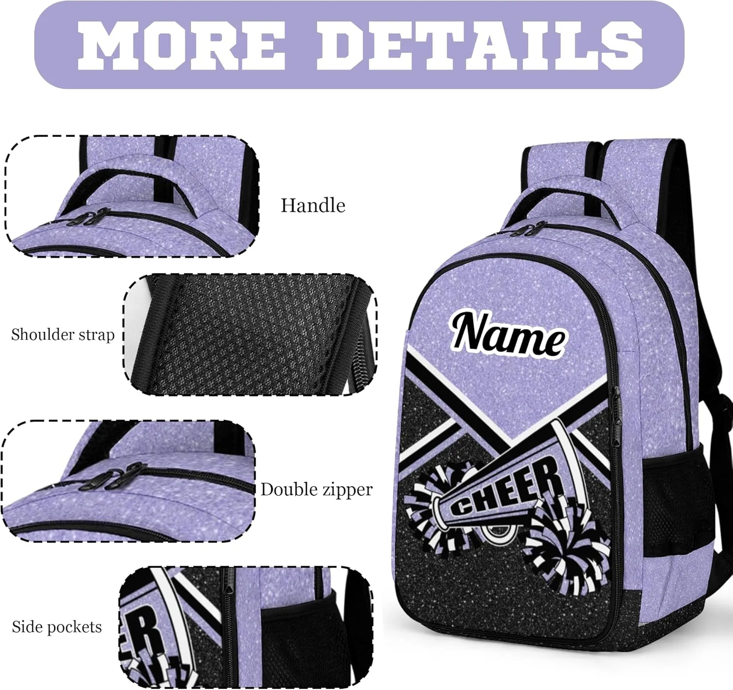 Personalized Cheer Backpack with Name, Custom Cheerleader Backpack, Customize Cheerleading Backpack for Women (Lilac)