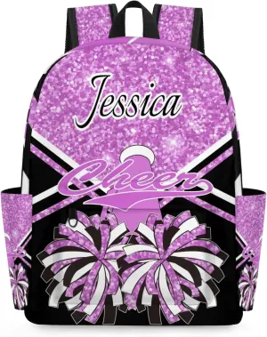 Personalized Cheer Bag Name Backpack Bags for Women Men, Custom Large Capacity Waterproof Cheerleading Shoulder Bags, Casual Daypack, Taro Purple Glitter Cheerleader
