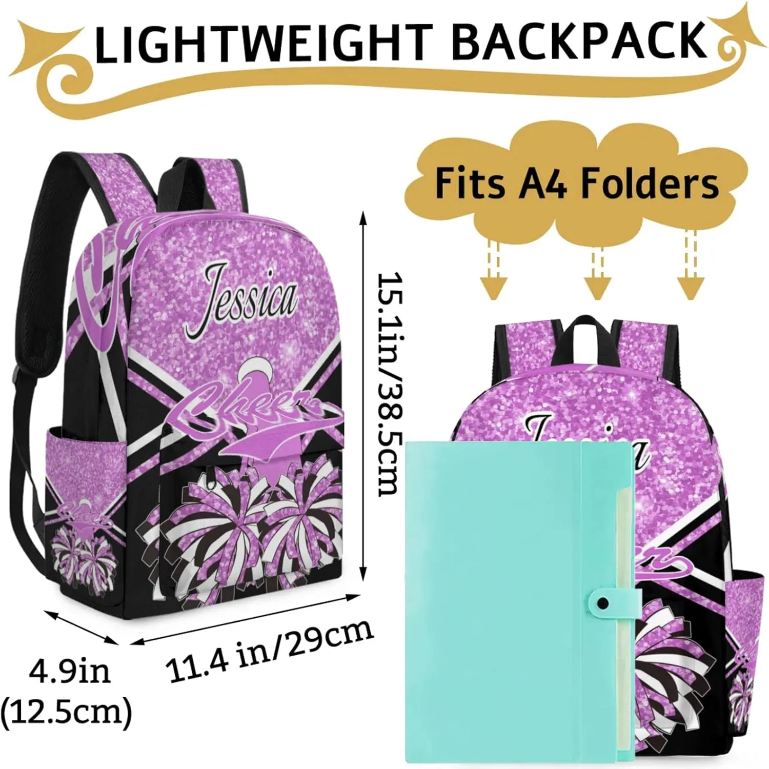 Personalized Cheer Bag Name Backpack Bags for Women Men, Custom Large Capacity Waterproof Cheerleading Shoulder Bags, Casual Daypack, Taro Purple Glitter Cheerleader