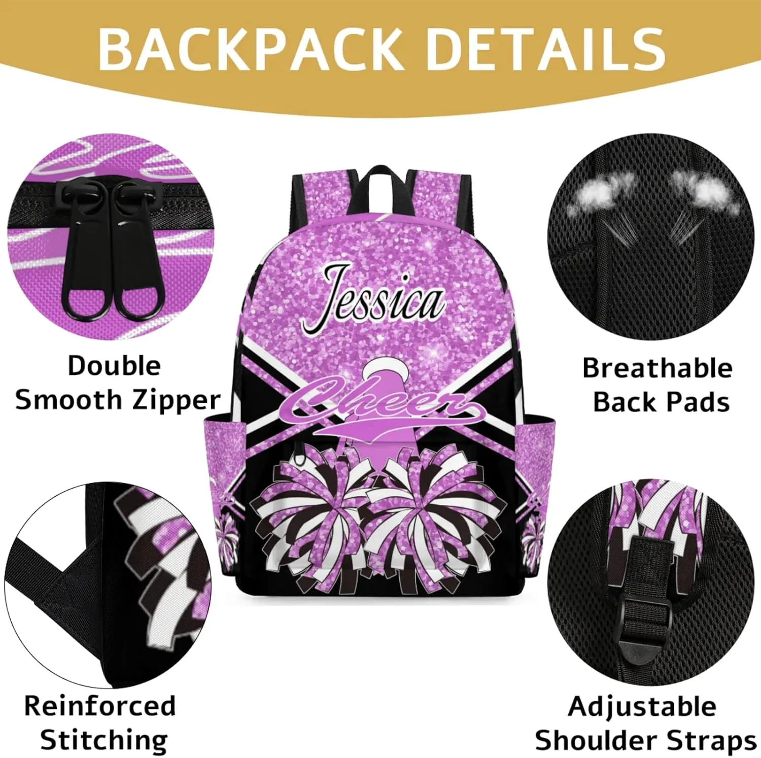 Personalized Cheer Bag Name Backpack Bags for Women Men, Custom Large Capacity Waterproof Cheerleading Shoulder Bags, Casual Daypack, Taro Purple Glitter Cheerleader