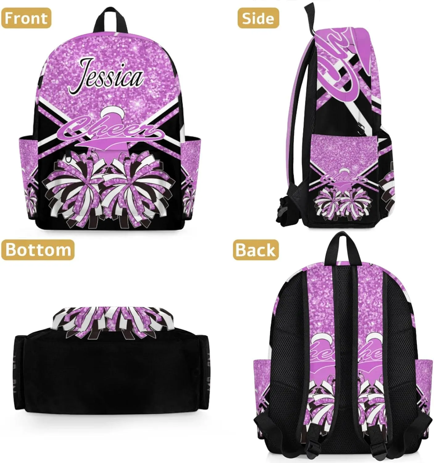 Personalized Cheer Bag Name Backpack Bags for Women Men, Custom Large Capacity Waterproof Cheerleading Shoulder Bags, Casual Daypack, Taro Purple Glitter Cheerleader
