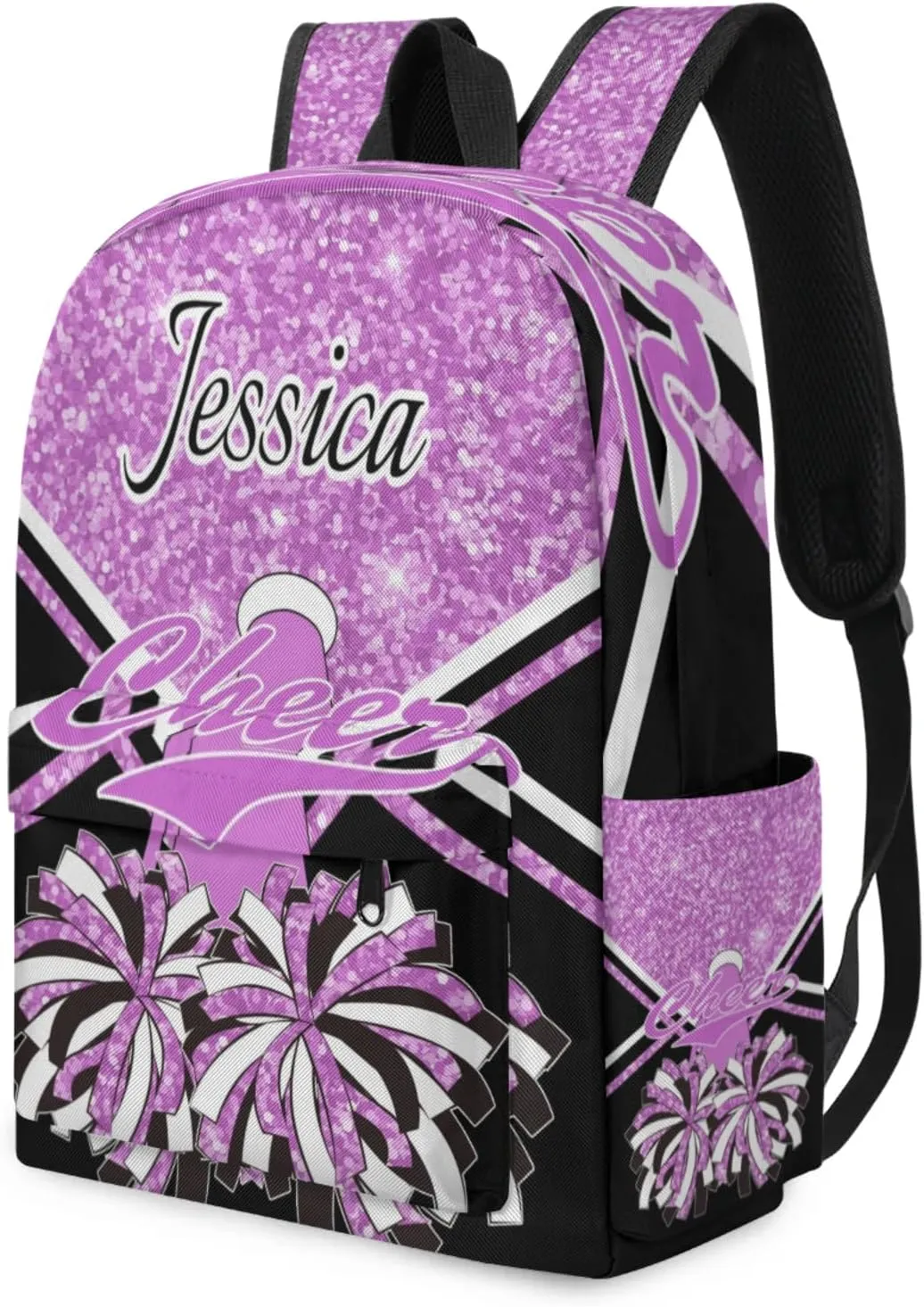 Personalized Cheer Bag Name Backpack Bags for Women Men, Custom Large Capacity Waterproof Cheerleading Shoulder Bags, Casual Daypack, Taro Purple Glitter Cheerleader