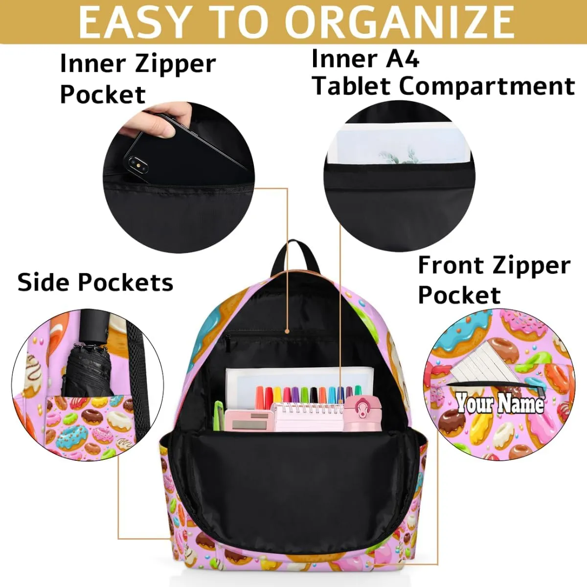 Personalized Colorful Donuts Preschool Toddler Backpack for Boys Girls Custom Kids Name Small Bookbags Kindergarten Elementary Backpack, Donuts
