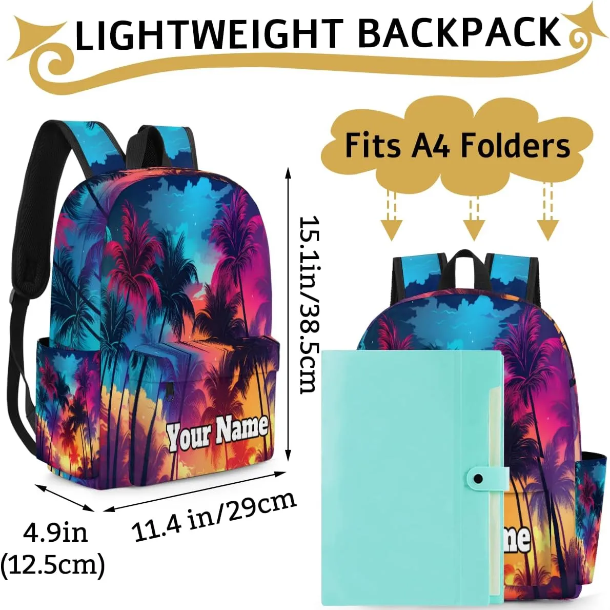 Personalized Colorful Palm Tree Preschool Toddler Backpack for Boys Girls Custom Kids Name Small Bookbags Kindergarten Elementary Backpack, Hawaii Beach