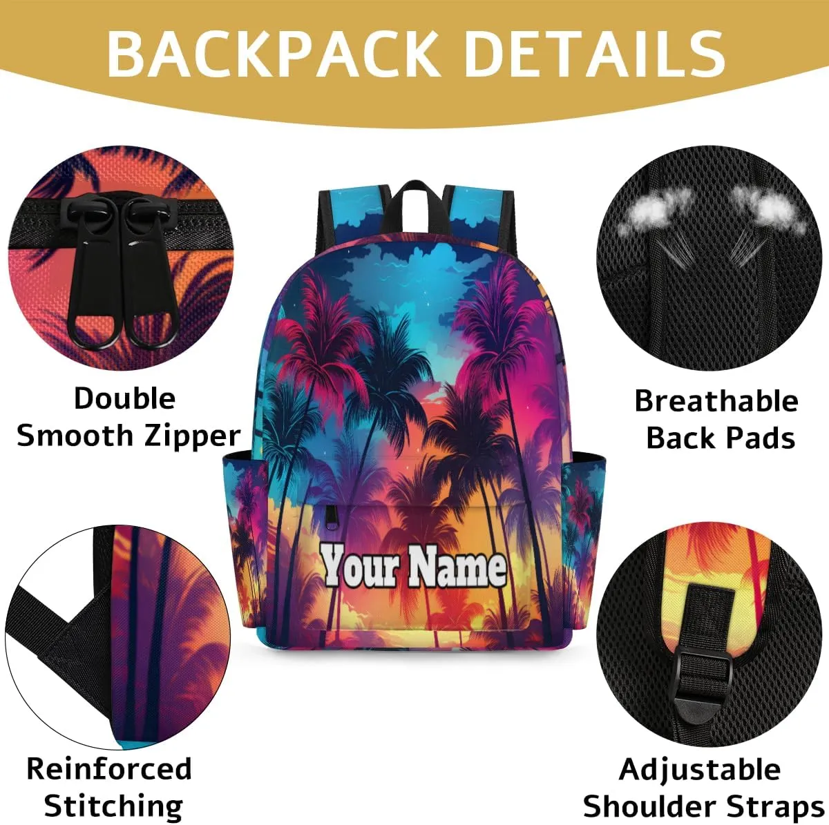 Personalized Colorful Palm Tree Preschool Toddler Backpack for Boys Girls Custom Kids Name Small Bookbags Kindergarten Elementary Backpack, Hawaii Beach