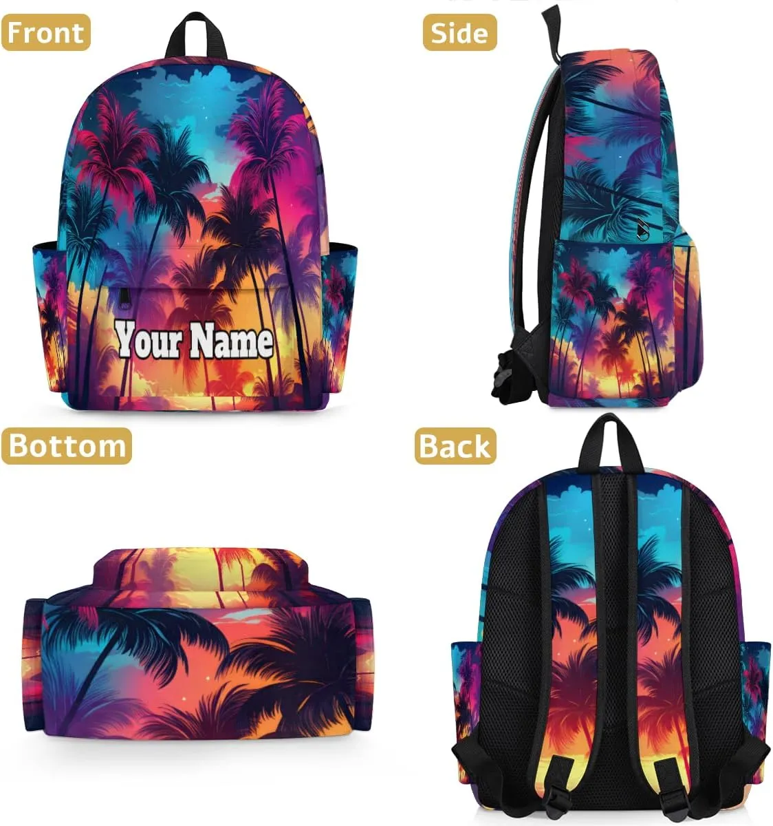 Personalized Colorful Palm Tree Preschool Toddler Backpack for Boys Girls Custom Kids Name Small Bookbags Kindergarten Elementary Backpack, Hawaii Beach