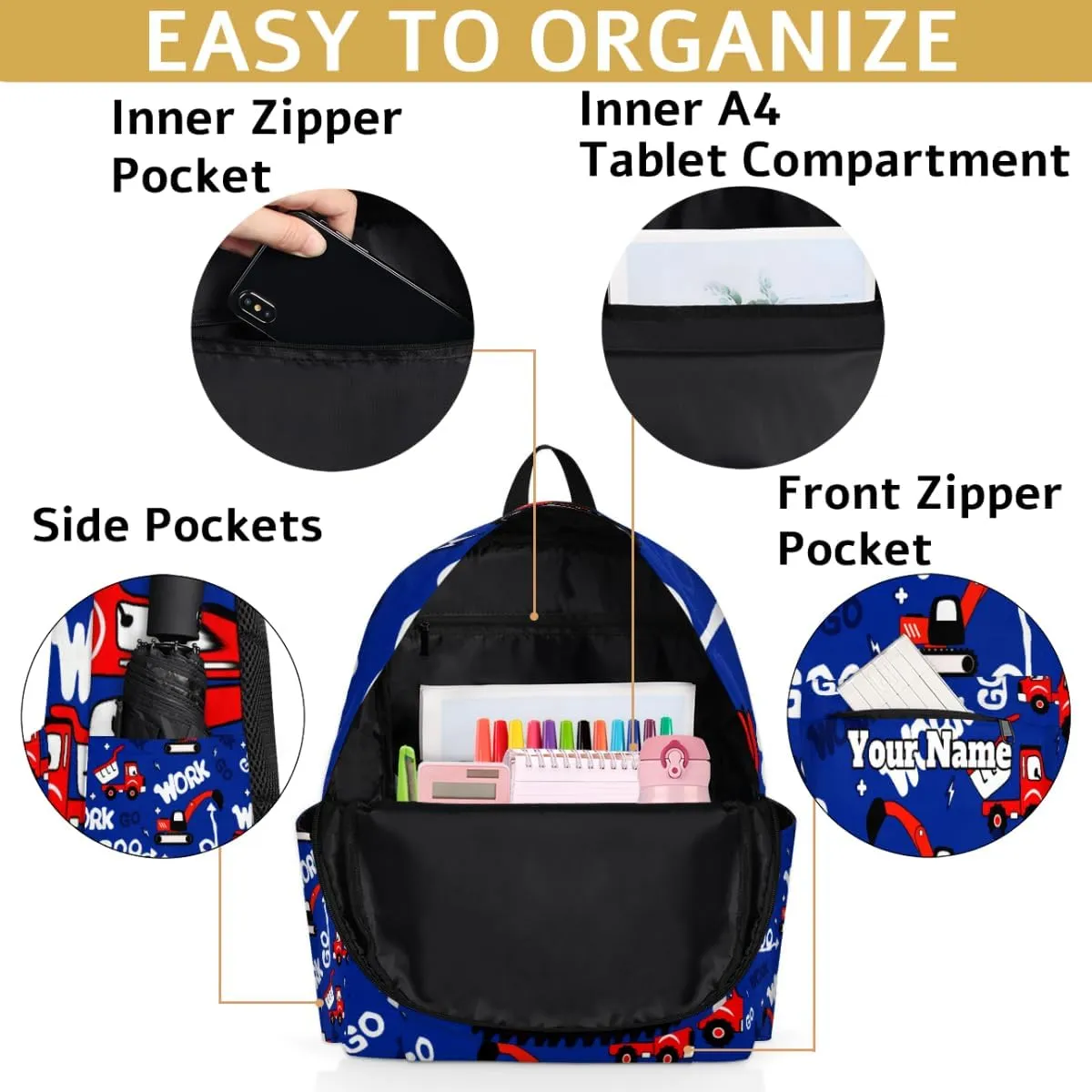 Personalized Construction Truck Preschool Toddler Backpack for Boys Girls Custom Kids Name Small Bookbags Kindergarten Elementary Backpack, Red Truck