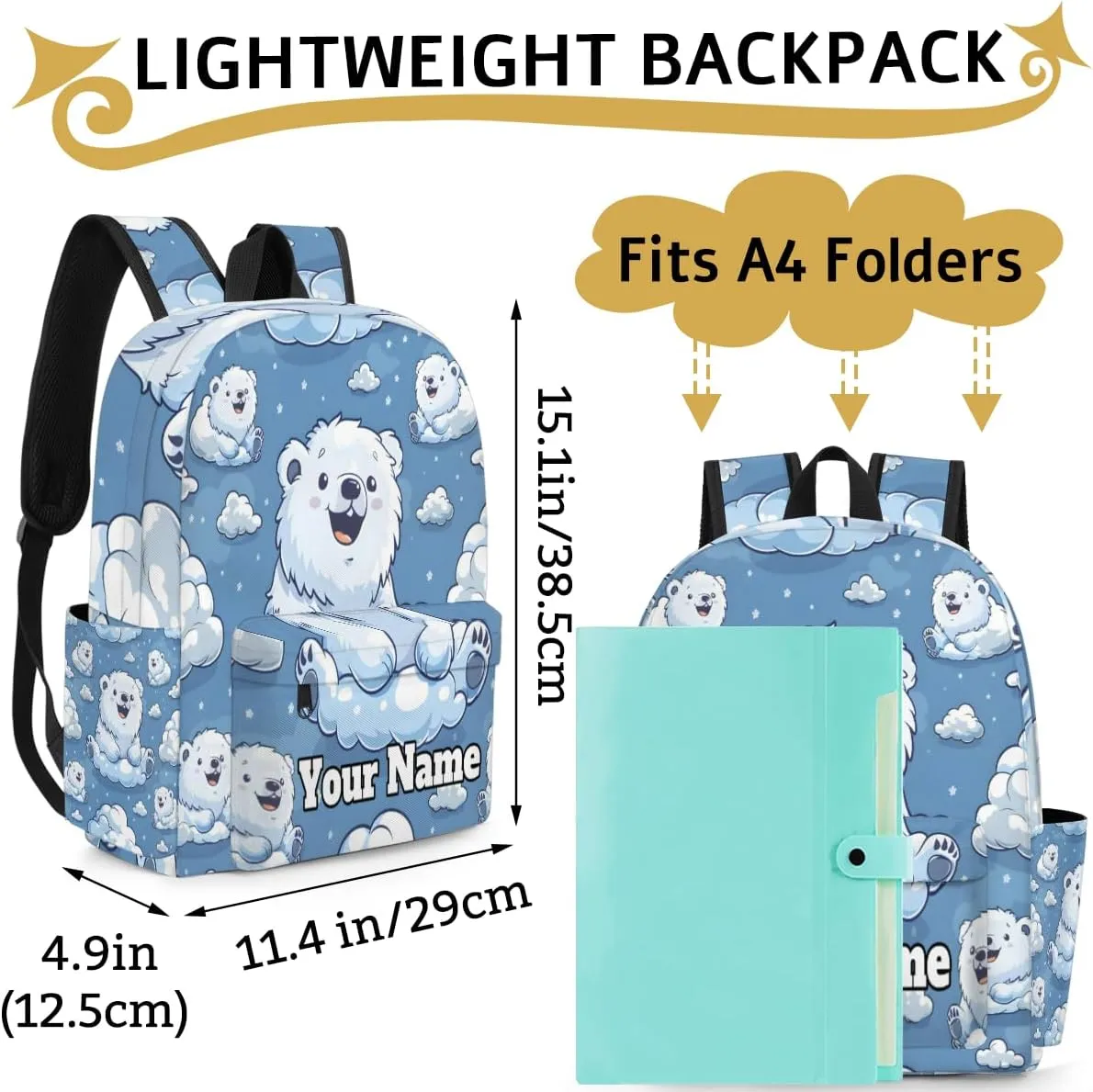 Personalized Cute Cartoon Polar Bear Preschool Toddler Backpack for Boys Girls Custom Kids Name Small Bookbags Kindergarten Elementary Backpack, Polar Bears