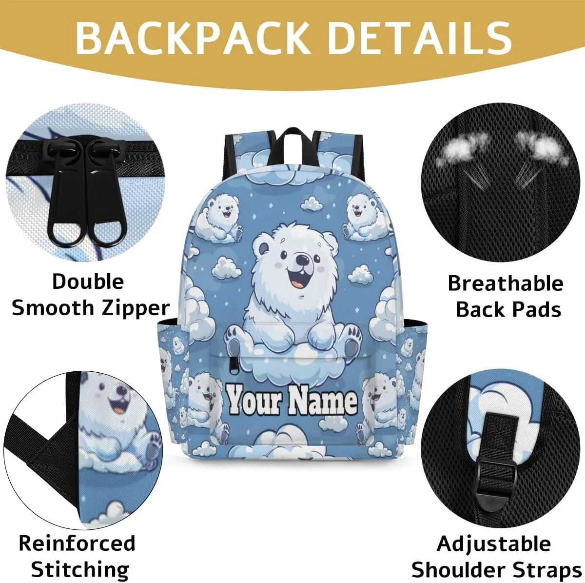 Personalized Cute Cartoon Polar Bear Preschool Toddler Backpack for Boys Girls Custom Kids Name Small Bookbags Kindergarten Elementary Backpack, Polar Bears