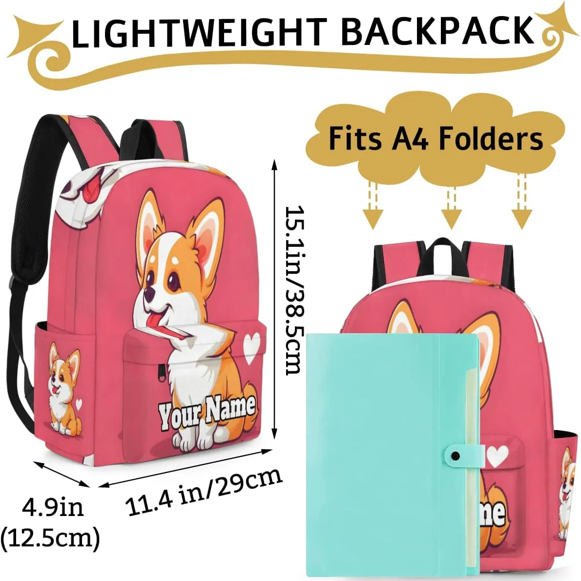 Personalized Cute Corgi Preschool Toddler Backpack for Boys Girls Custom Kids Name Small Bookbags Kindergarten Elementary Backpack, Dog Pet Animals