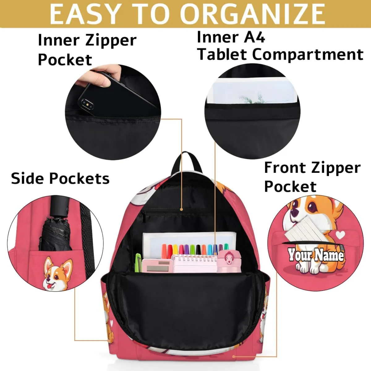 Personalized Cute Corgi Preschool Toddler Backpack for Boys Girls Custom Kids Name Small Bookbags Kindergarten Elementary Backpack, Dog Pet Animals