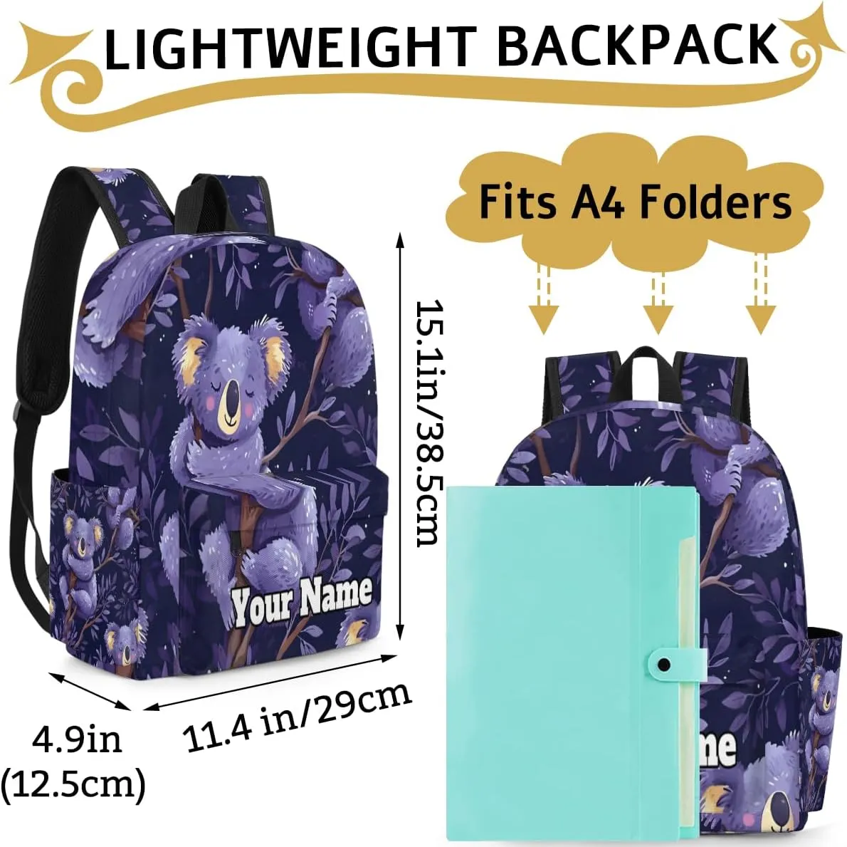 Personalized Cute Koalas Preschool Toddler Backpack for Boys Girls Custom Kids Name Small Bookbags Kindergarten Elementary Backpack, Cartoon Koala