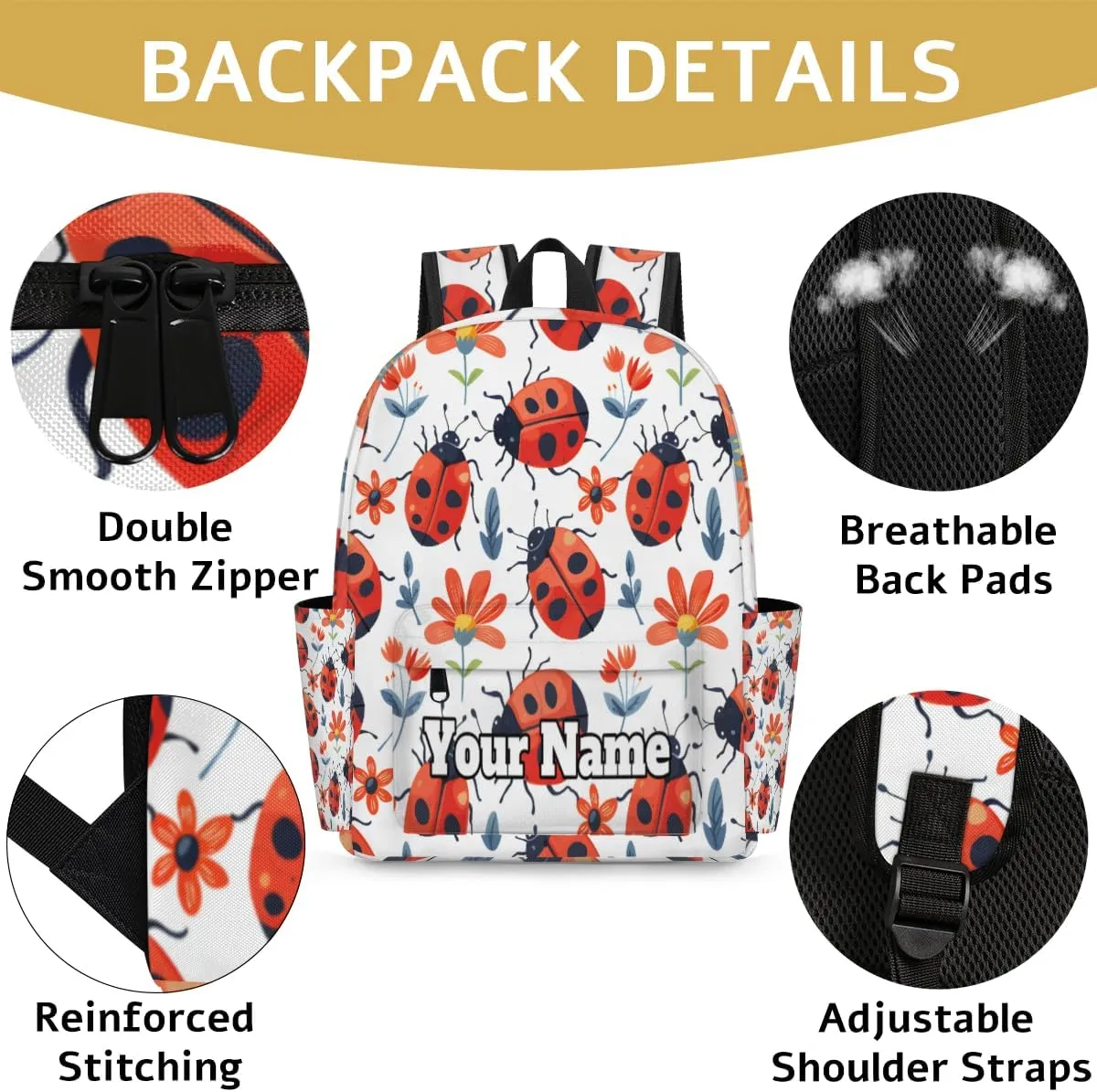 Personalized Cute Ladybird Preschool Toddler Backpack for Boys Girls Custom Kids Name Small Bookbags Kindergarten Elementary Backpack, Red Ladybugs