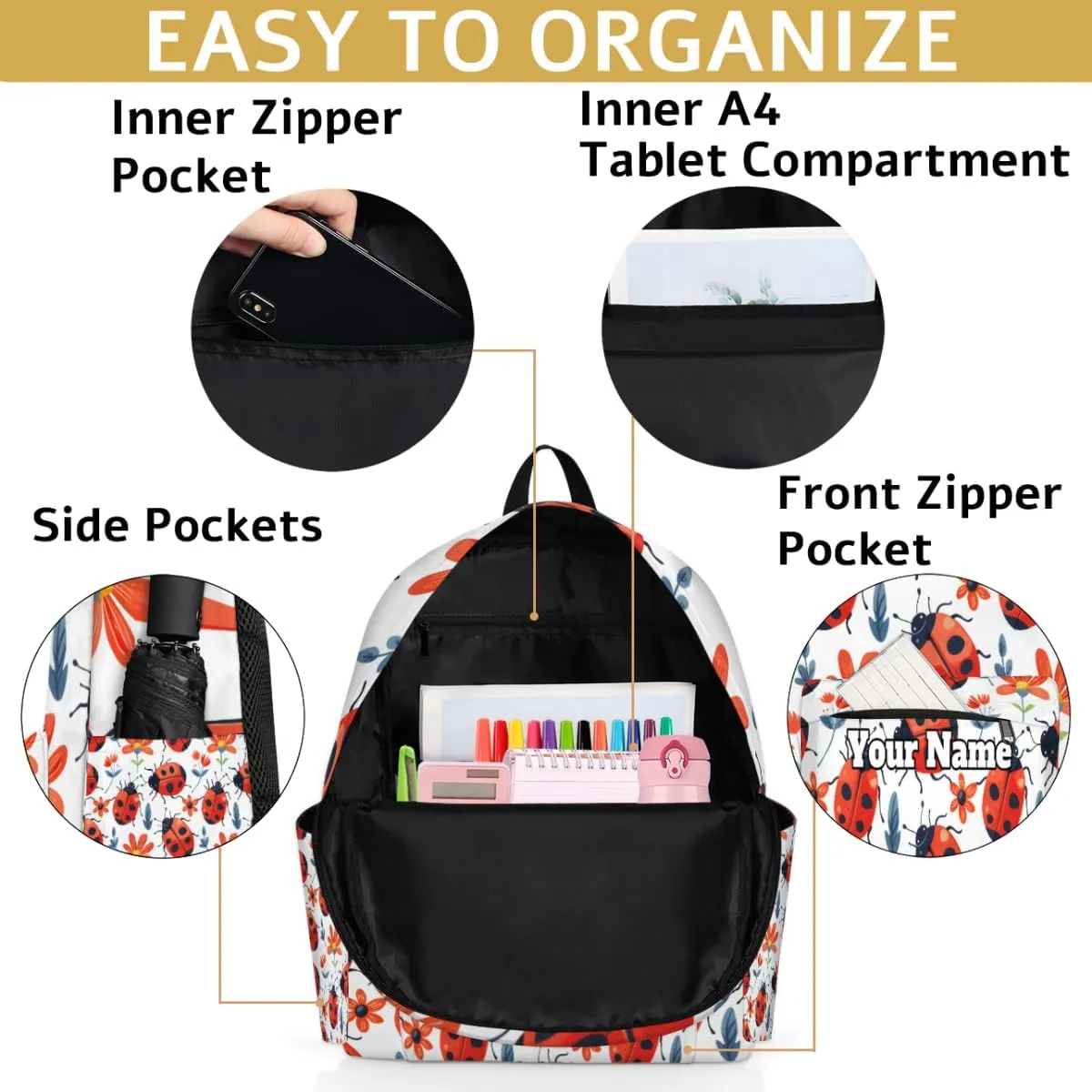 Personalized Cute Ladybird Preschool Toddler Backpack for Boys Girls Custom Kids Name Small Bookbags Kindergarten Elementary Backpack, Red Ladybugs