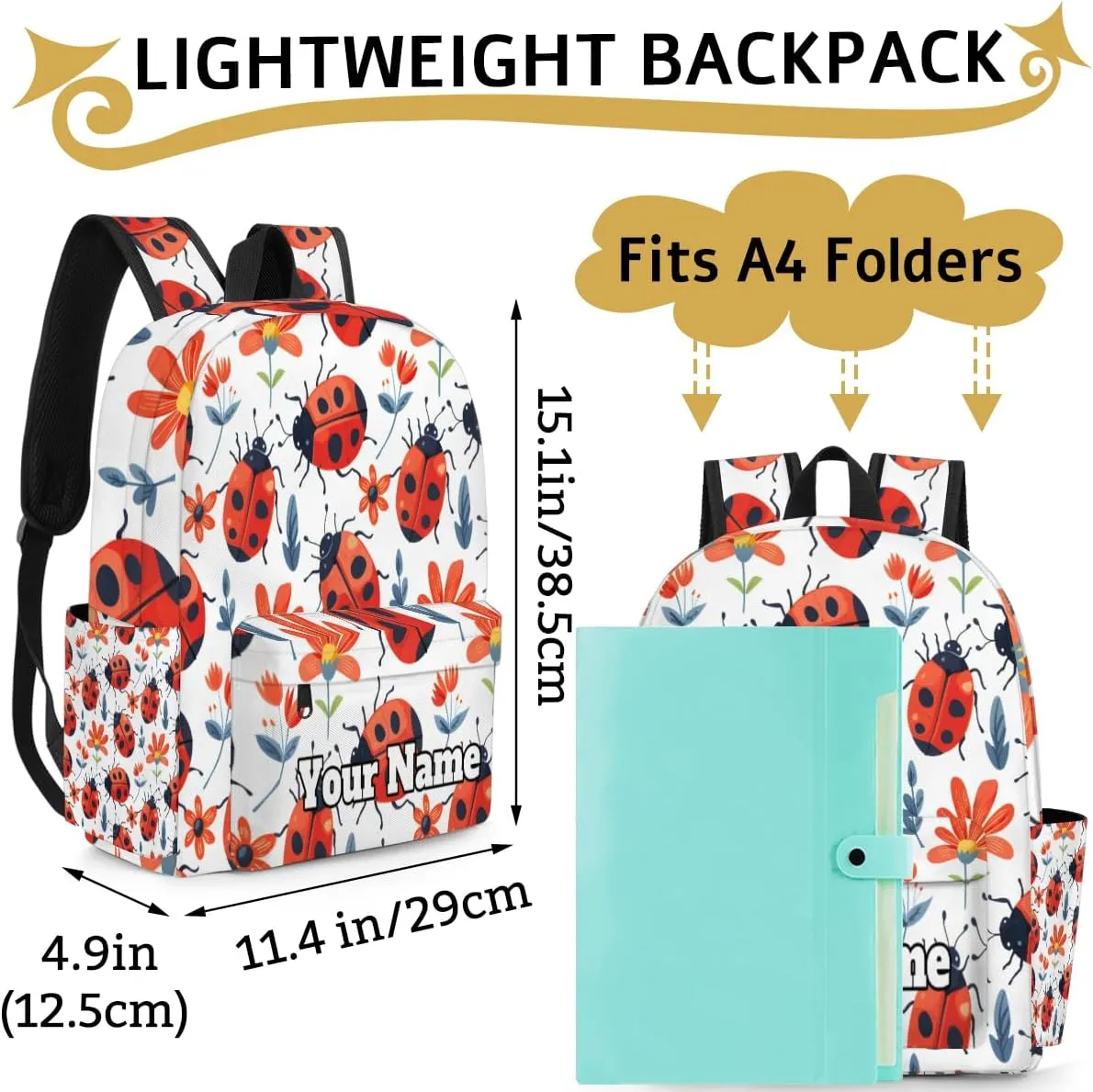 Personalized Cute Ladybird Preschool Toddler Backpack for Boys Girls Custom Kids Name Small Bookbags Kindergarten Elementary Backpack, Red Ladybugs