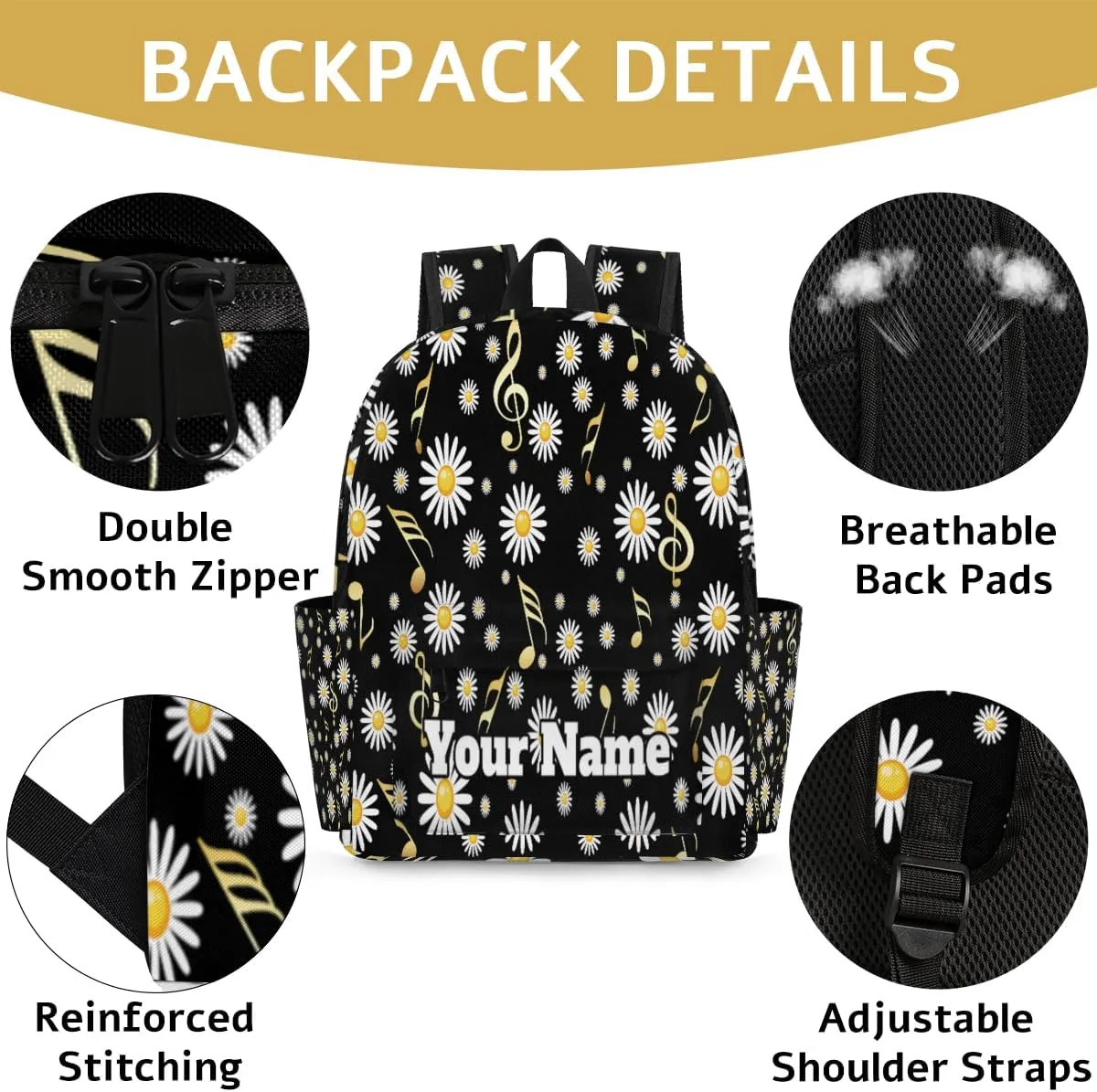 Personalized Daisy Preschool Toddler Backpack for Boys Girls Custom Kids Name Small Bookbags Kindergarten Elementary Backpack, Musical Notes