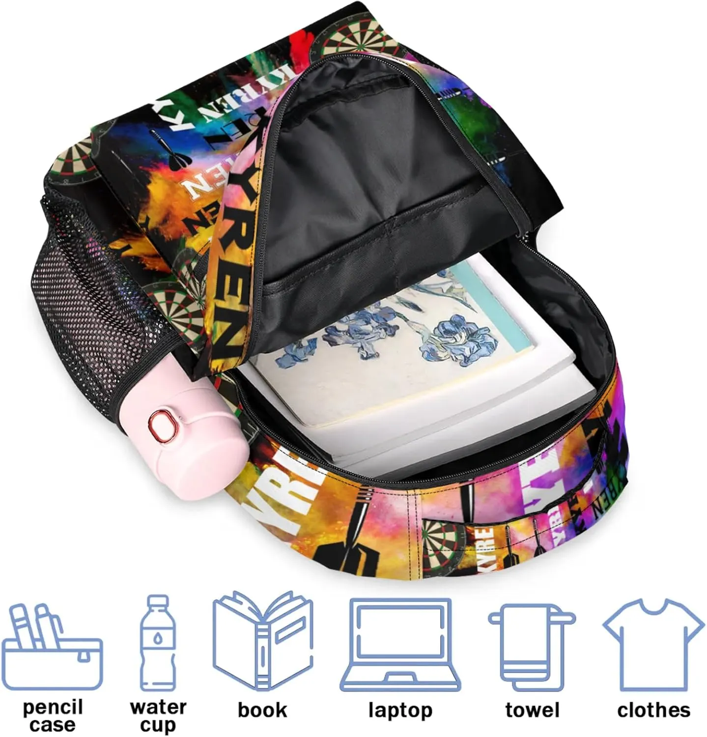 Personalized Darts Backpack with Name, Custom Sports Bag Backpack for Men Women, Customized Laptop Backpacks Travel Camping Daypack, Black Colorful