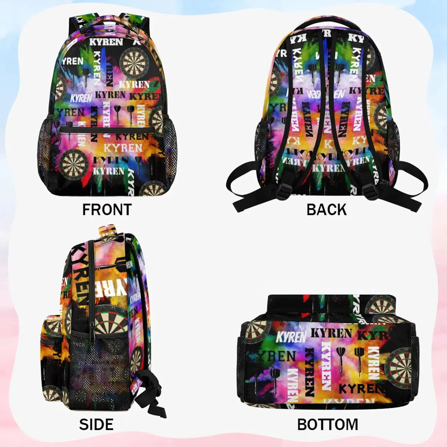 Personalized Darts Backpack with Name, Custom Sports Bag Backpack for Men Women, Customized Laptop Backpacks Travel Camping Daypack, Black Colorful