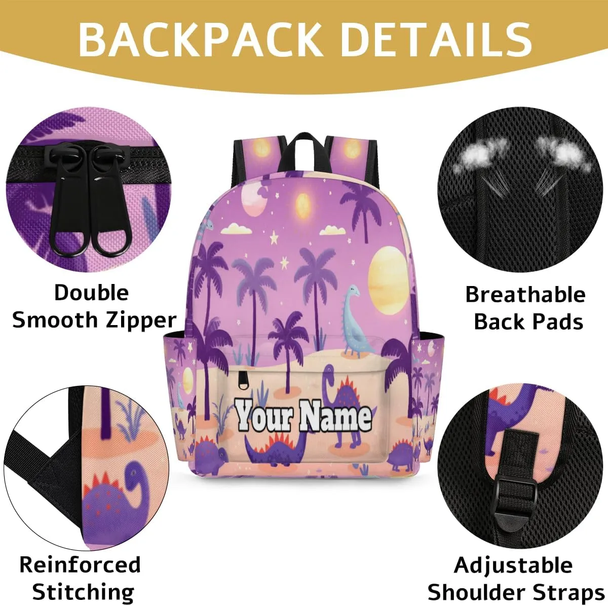 Personalized Dinosaur Preschool Toddler Backpack for Boys Girls Custom Kids Name Small Bookbags Kindergarten Elementary Backpack, Purple Dinosaur