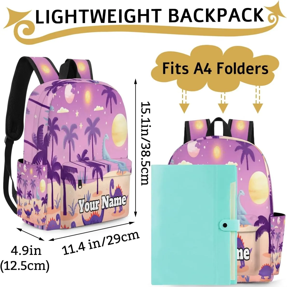 Personalized Dinosaur Preschool Toddler Backpack for Boys Girls Custom Kids Name Small Bookbags Kindergarten Elementary Backpack, Purple Dinosaur