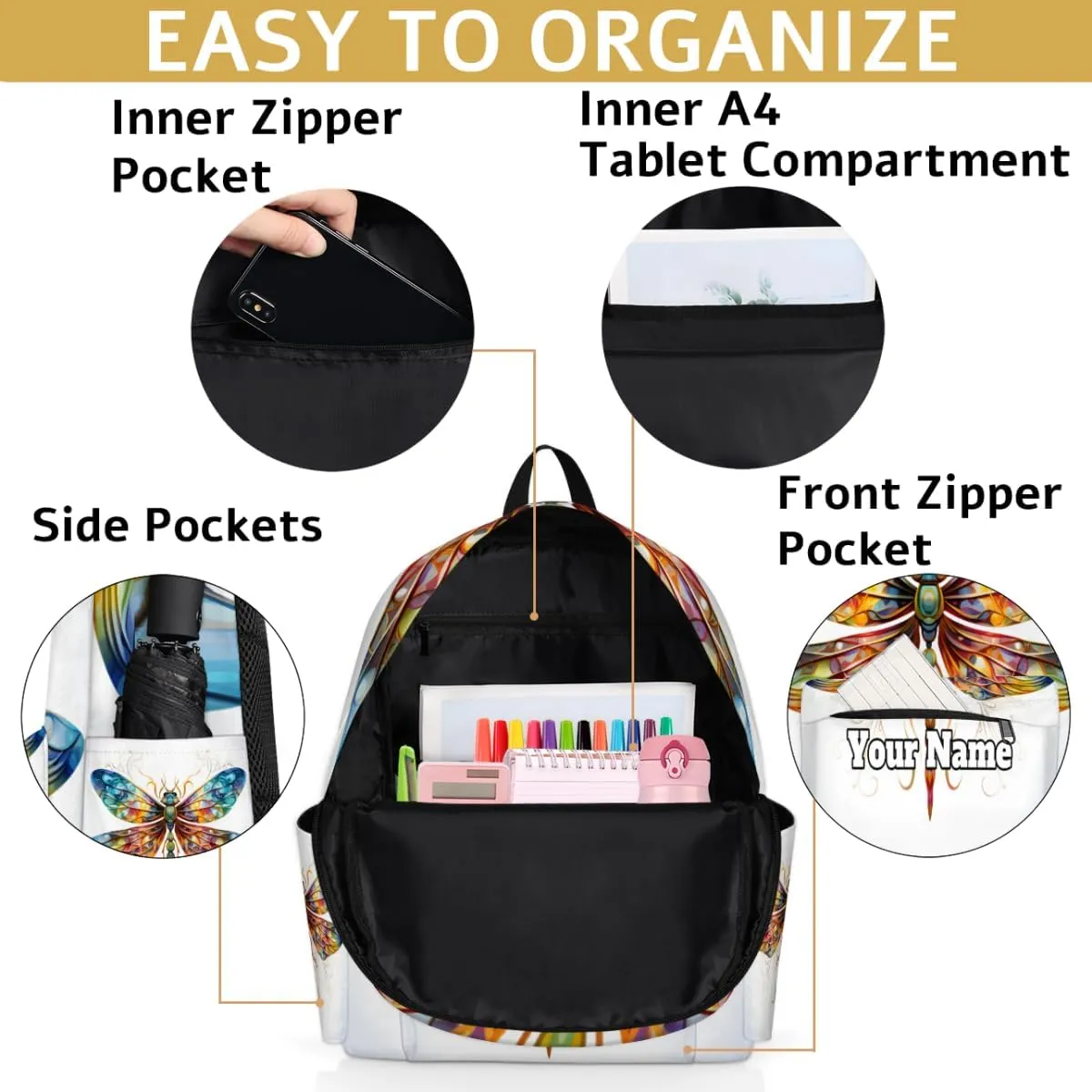 Personalized Dragonfly Preschool Toddler Backpack for Boys Girls Custom Kids Name Small Bookbags Kindergarten Elementary Backpack, Colourful