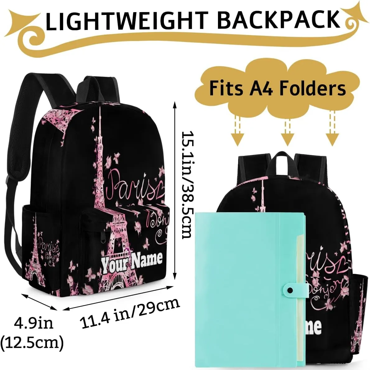 Personalized Eiffel Tower Preschool Toddler Backpack for Boys Girls Custom Kids Name Small Bookbags Kindergarten Elementary Backpack, Butterfly Paris