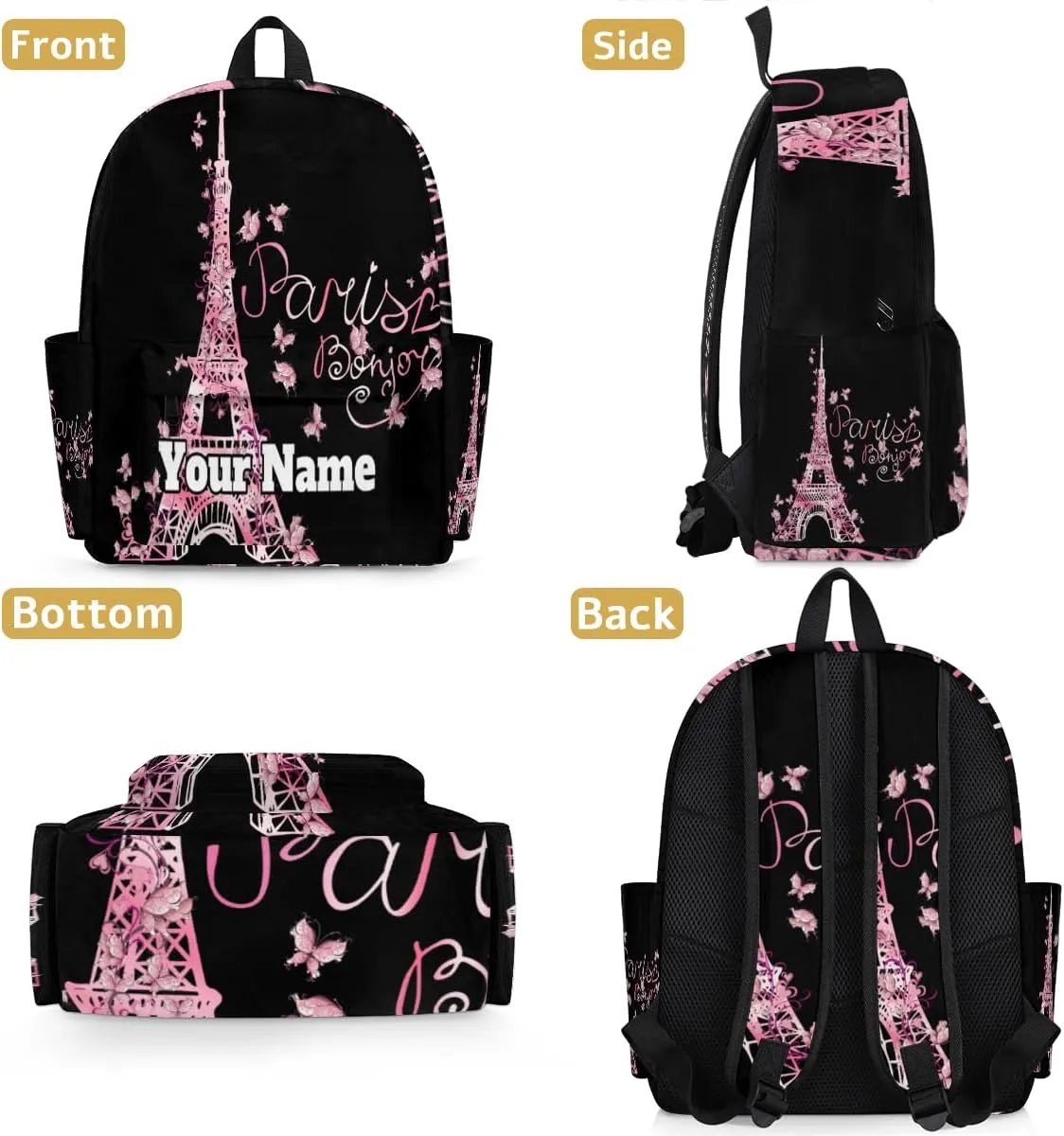 Personalized Eiffel Tower Preschool Toddler Backpack for Boys Girls Custom Kids Name Small Bookbags Kindergarten Elementary Backpack, Butterfly Paris