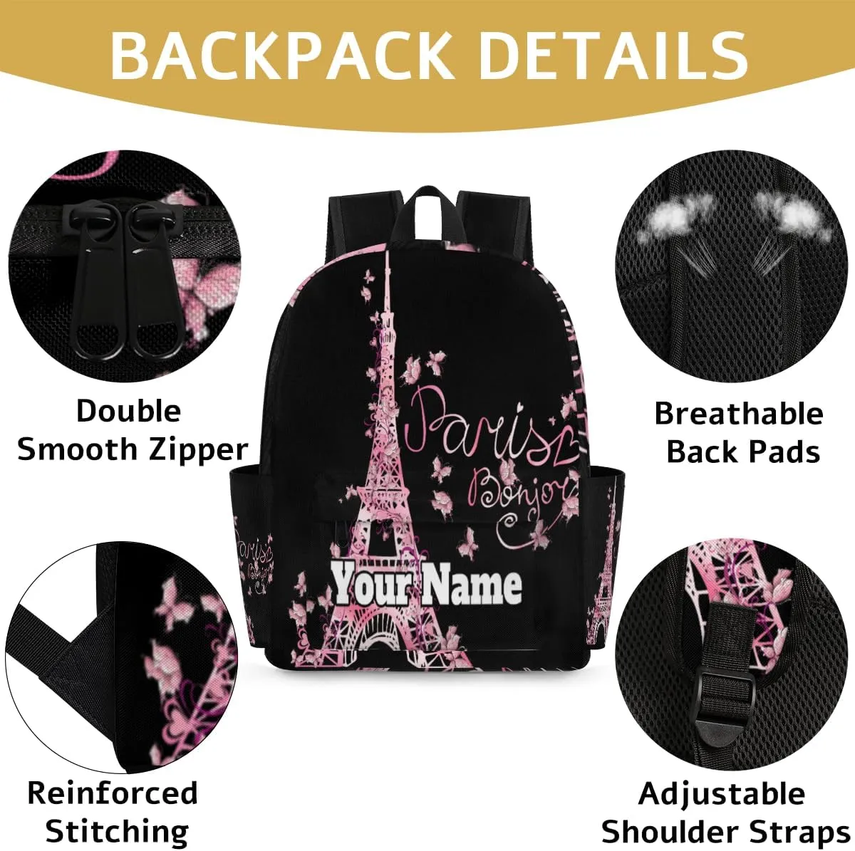Personalized Eiffel Tower Preschool Toddler Backpack for Boys Girls Custom Kids Name Small Bookbags Kindergarten Elementary Backpack, Butterfly Paris