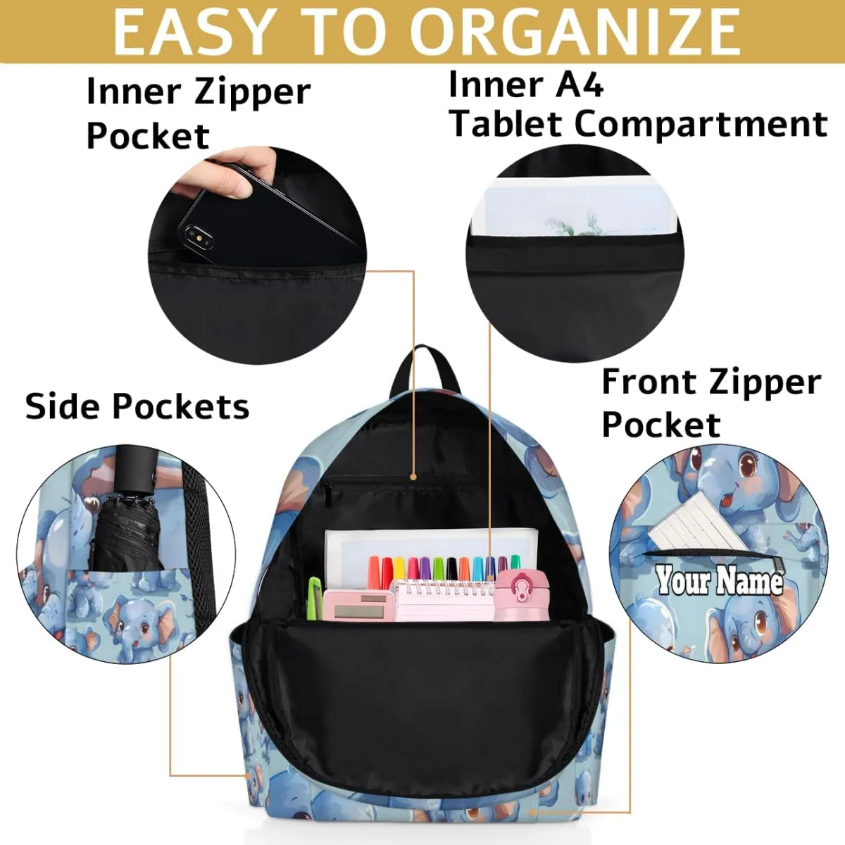 Personalized Elephant Preschool Toddler Backpack for Boys Girls Custom Kids Name Small Bookbags Kindergarten Elementary Backpack, Wild Elephant