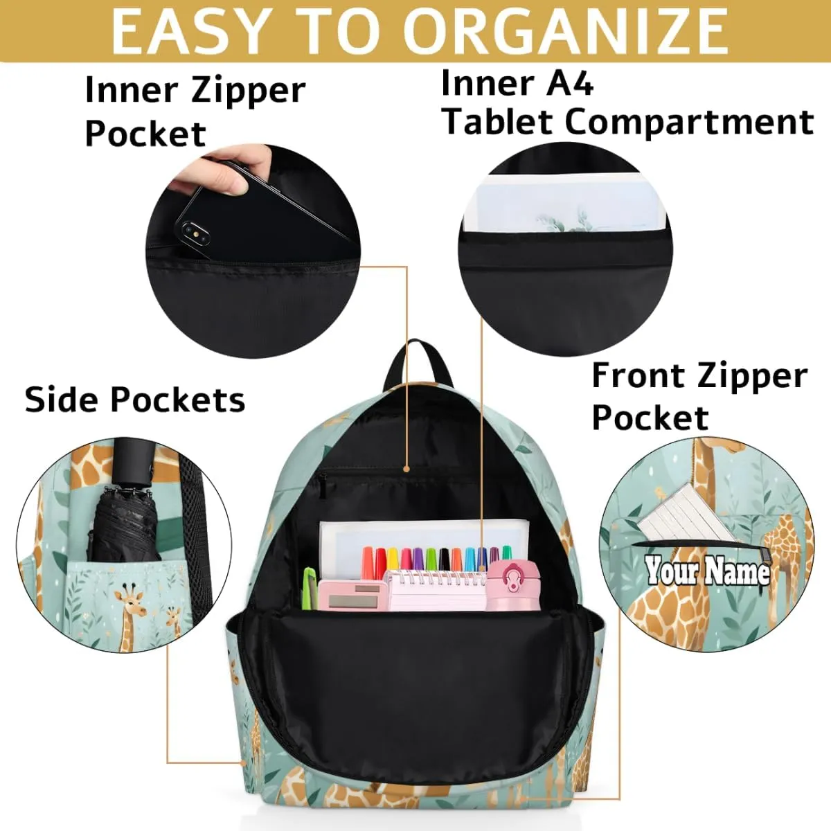 Personalized Giraffe Themed Preschool Toddler Backpack for Boys Girls Custom Kids Name Small Bookbags Kindergarten Elementary Backpack, Cute Giraffe