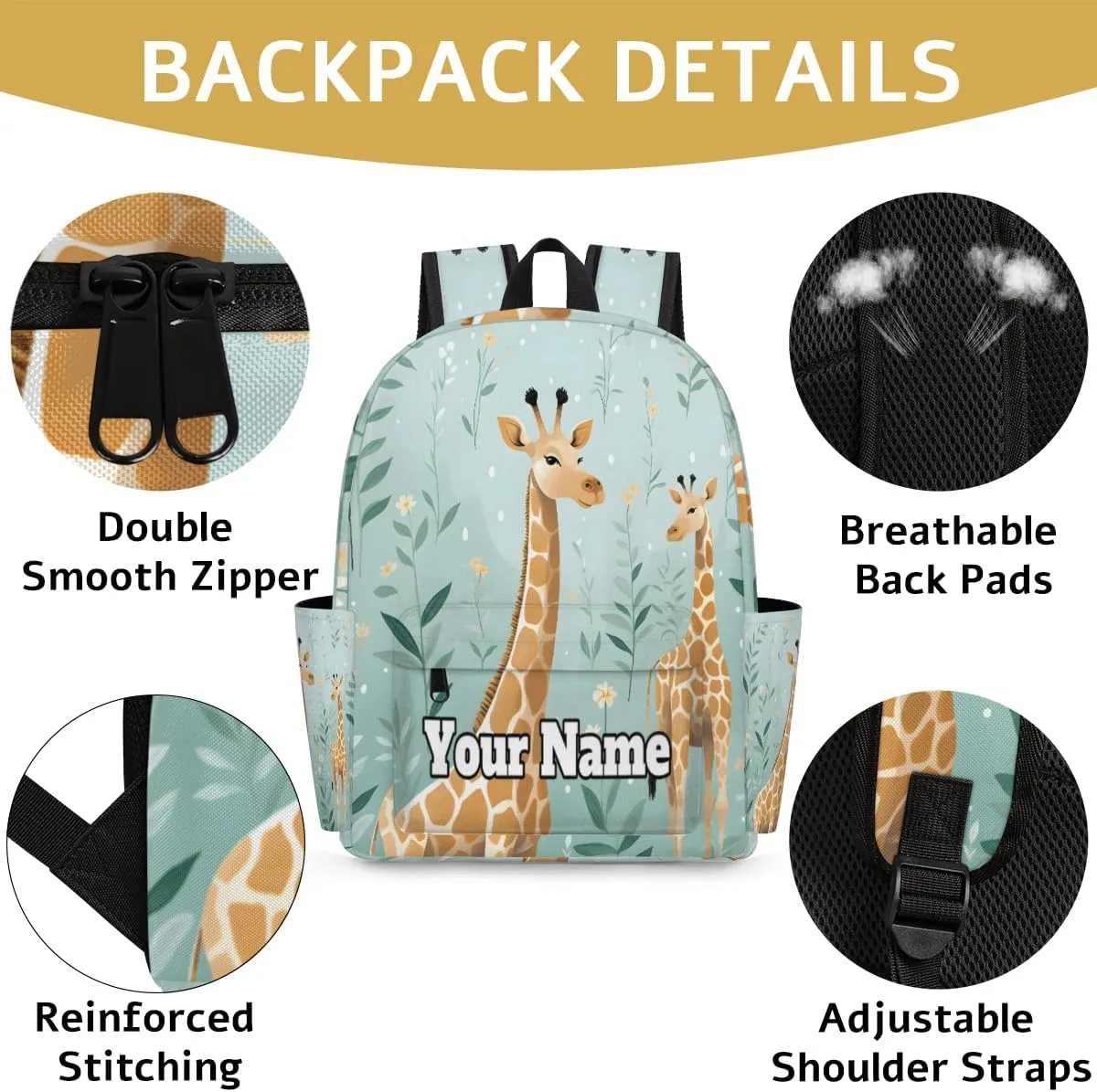 Personalized Giraffe Themed Preschool Toddler Backpack for Boys Girls Custom Kids Name Small Bookbags Kindergarten Elementary Backpack, Cute Giraffe