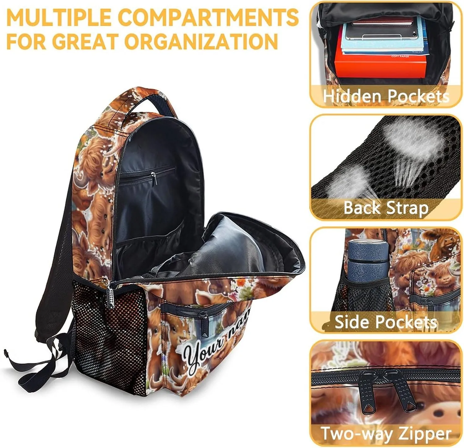 Personalized Highland Cow Backpack with Lunch Box, Set of 3 School Backpacks Matching Combo, Cute Brown Bookbag and Pencil Case Bundle