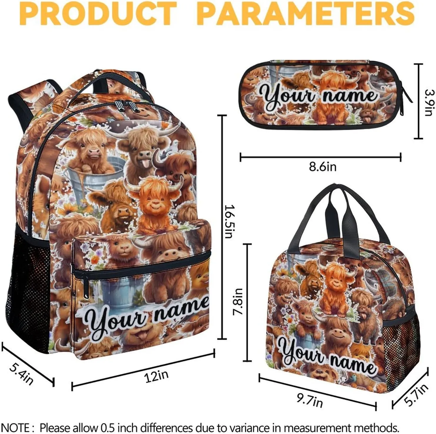 Personalized Highland Cow Backpack with Lunch Box, Set of 3 School Backpacks Matching Combo, Cute Brown Bookbag and Pencil Case Bundle